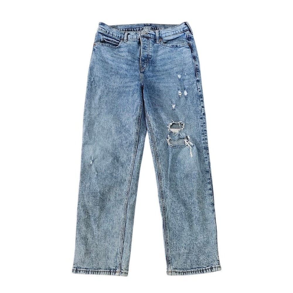 Old Navy Sky-Hi Straight Extra High Rise Sz 10 Distressed Button Fly Blue Jeans